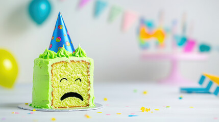 Whimsical neon green cake with party hat and surprised face for celebrations