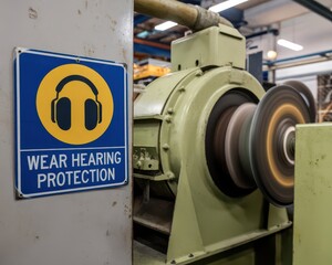 Factory environment with essential hearing protection signage for worker safety