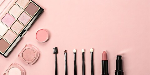 Pink Makeup Palette Brushes Lipstick Beauty Products Flatlay