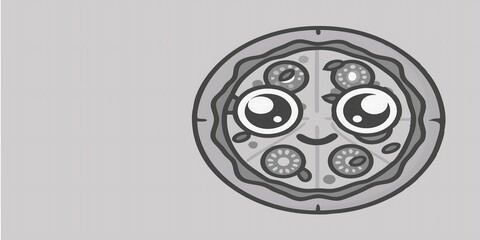 Adorable Pizza Cartoon Character Grey Scale Illustration