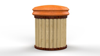 Wooden Stool. Orange Cushion. Isolated. White background. 3d render