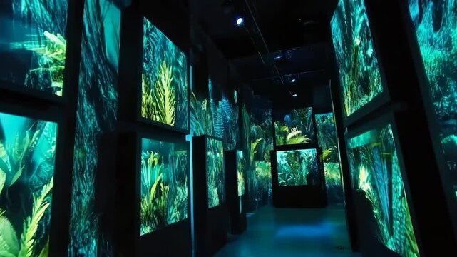 Hallway lined with screens showing moving abstract tropical vegetation, creating immersive botanical art exhibition in dark interior, immersive nature experience