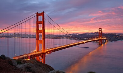 Fototapeta premium Golden Gate Bridge at sunrise, vibrant colors over city skyline