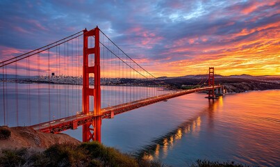Fototapeta premium Golden Gate Bridge at sunrise, vibrant colors over water and cityscape