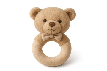 Plush teddy bear rattle toy for babies with bowtie in soft beige. Isolated illustration - obrazy, fototapety, plakaty