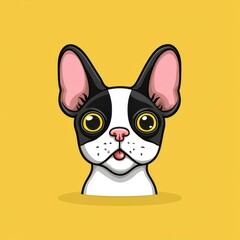 Cartoon illustration of a dog's face with black markings around the eyes and bright yellow background