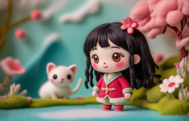 Fototapeta premium A charming doll with long black hair and a red outfit stands near a white kitten. Soft focus and vibrant colors depict a whimsical garden with pink blooms and blue accents. The overall aesthetic is cu