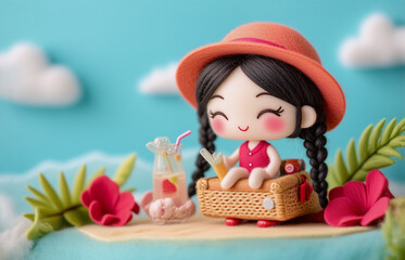 A cute miniature figure enjoys a summer day. She wears a hat and swimsuit, with a picnic basket and refreshing drink. Flowers and ocean complete the summery scene.