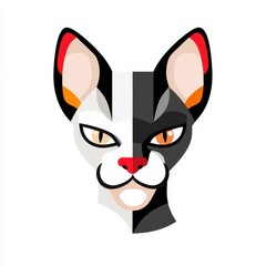 Stylized illustration of a cat's face with contrasting colors and patterns