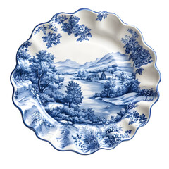 Ornate blue and white ceramic plate featuring a scenic landscape with mountains and trees, ideal for table settings or decor