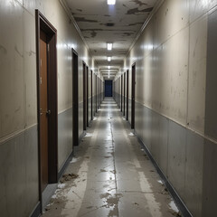 Fototapeta premium A long, narrow hallway with a dirty floor