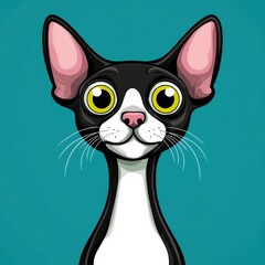 Cartoon illustration of a cat with a black face, white muzzle, and yellow eyes on a teal background