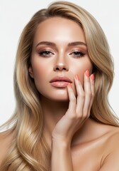 Fototapeta premium Stunning Blonde Woman with Peach Nails and Radiant Makeup Beauty Portrait
