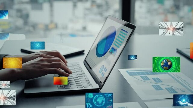 Woman using laptop in office with digital image concept