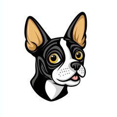 Vibrant illustration of a Boston Terrier dog head with large ears and expressive yellow eyes