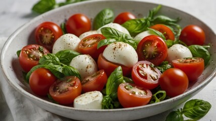 Fresh and healthy tomato mozzarella basil salad, a vegetarian appetizer with red tomatoes, white mozzarella, and green basil leaves on a plate