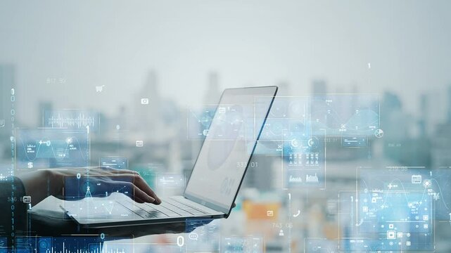 Digital technology concept with business people using laptop