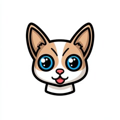Fototapeta premium Cartoon cat face with blue eyes and white chin patch on white background