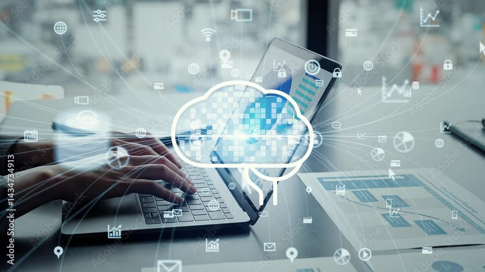 Poster AI (artificial intelligence) concept with business person using laptop