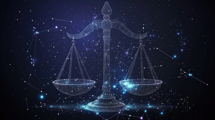 Digital Libra: Scales of Justice amidst Celestial Constellations and Cosmic Balance