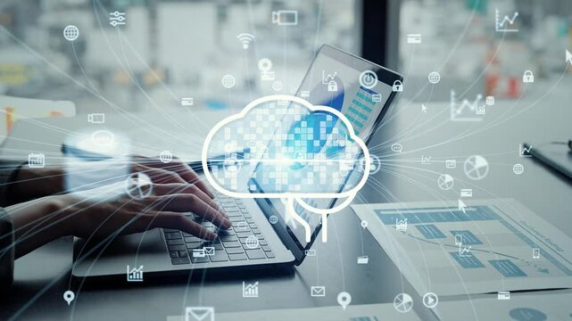 AI (artificial intelligence) concept with business person using laptop