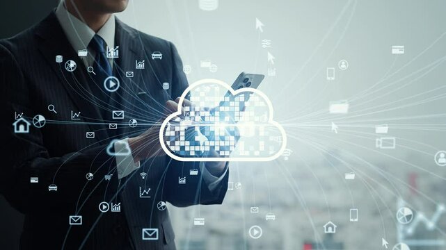 スマホを使うビジネスパーソンとクラウドコンピューティングのコンセプト