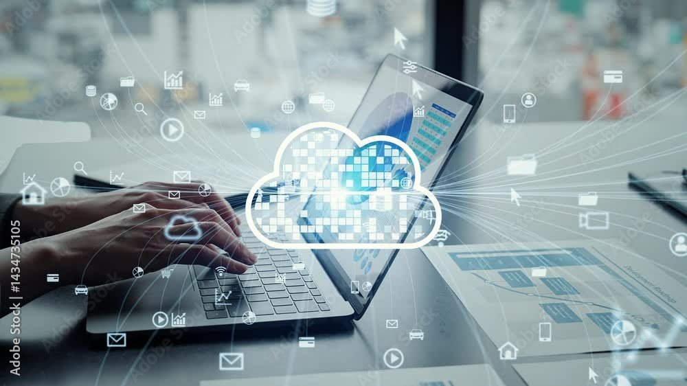 Poster cloud computing concept with business people using laptop