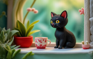 A curious black cat statue sits on a windowsill, gazing out. A cup of hot drink and plants create a cozy scene. The plants and window design are visible.
