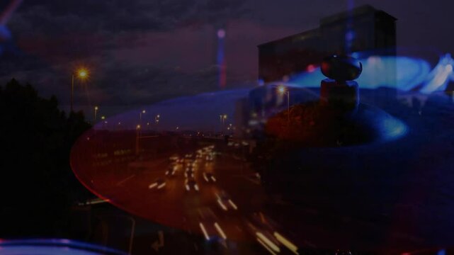 Drum cymbal being merged with urban highway lights in double exposure 3D render showing vivid blend