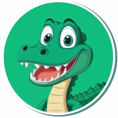 Cartoon alligator head with large eyes and open mouth on bright green background
