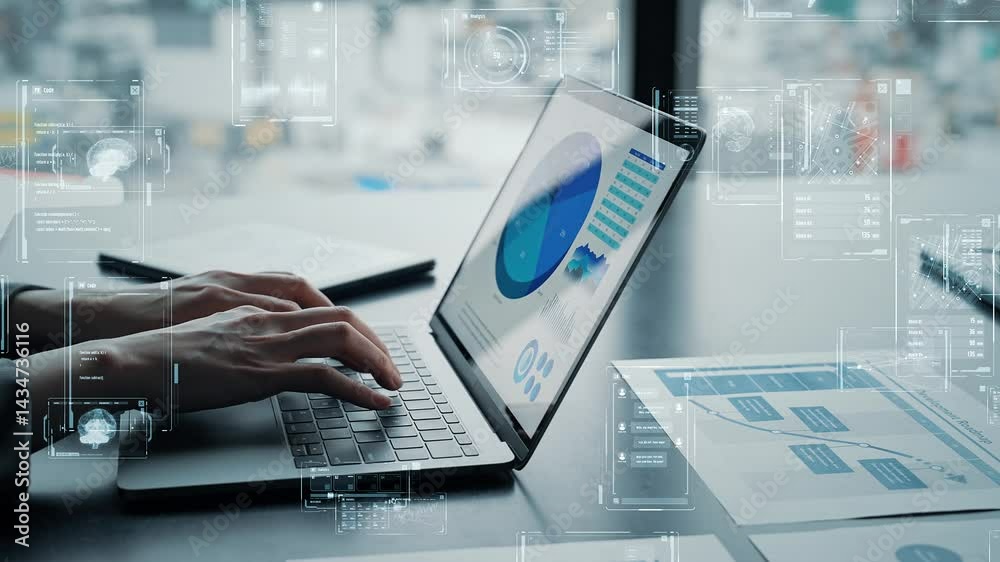 Poster digital technology concept with business people using laptops in office