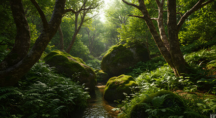 Fototapeta premium A quiet forest scene with a narrow stream cutting through mossy rocks