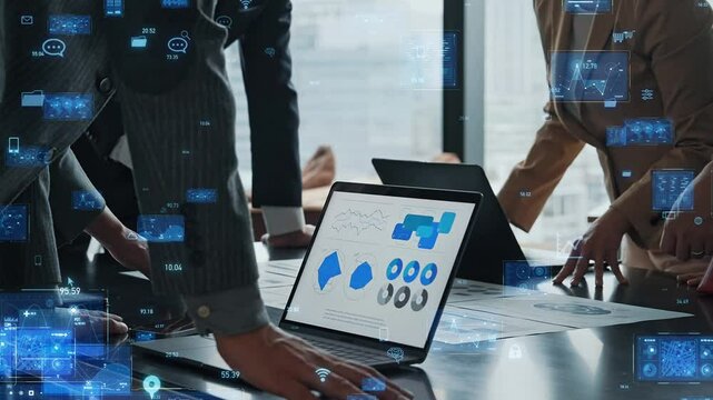 会議するビジネスパーソンのグループとデジタルテクノロジーのコンセプト