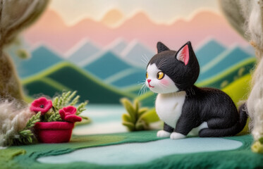 An adorable animated tuxedo cat sits in a lush, stylized garden with a flowerpot.  The background reveals picturesque mountains and scenic views.