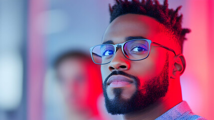 Portrait of a Man with Glasses in Red and Blue Lighting