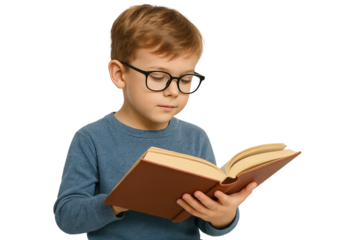 Young boy with glasses reading a book in blue sweater on black background. Isolated illustration
