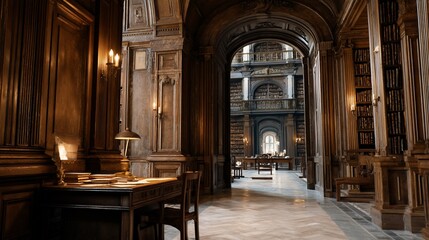 Fototapeta premium Grand antique library hall with arched walkways