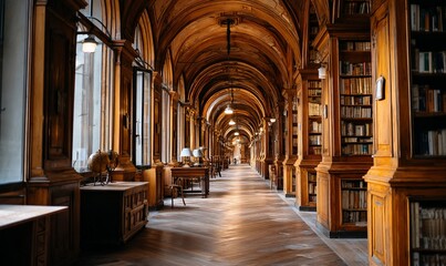 Fototapeta premium Grand, arched library hallway, lined with antique bookcases
