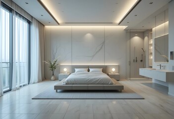 Bedroom design with calming neutral colors. Equipped with a bathroom with a glass shower and charming amenities. 3D render. 