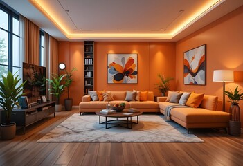 A modern cozy living room interior design with orange themed, warm ambient lighting, 3D render. 