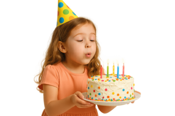 Child in party hat blowing out birthday candles on colorful confetti cake. Isolated illustration