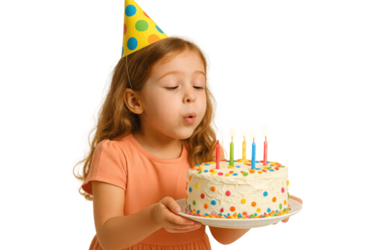Child in party hat blowing out birthday candles on colorful confetti cake. Isolated illustration