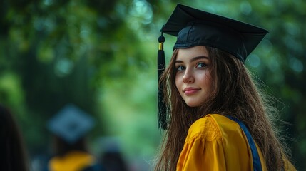 Young Woman in Graduation Cap and Gown Poses in Outdoor Setting with Joyful Expression and Blurred Background