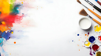 Obraz premium Vibrant artistic splash of colors and creative tools on a clean white canvas