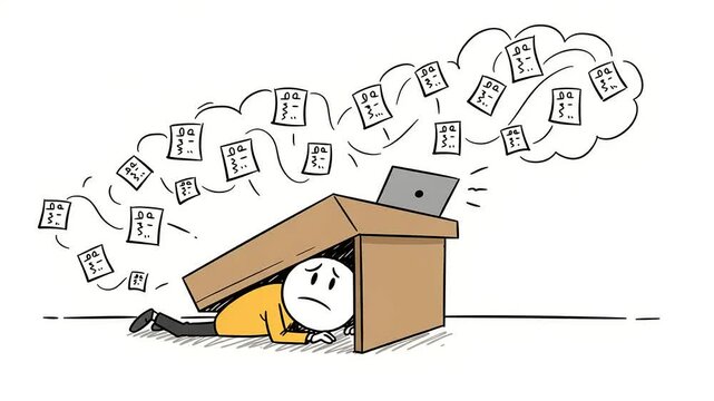 A stressed cartoon character hides under a desk overwhelmed by flying papers and a laptop