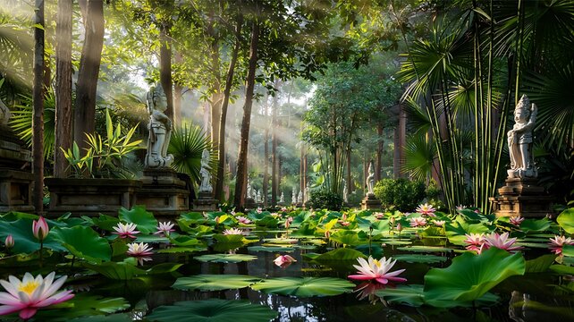 Morning lotus pond with sunlight on pink and white blooms. Ancient statues line the tranquil water amidst lush greenery.