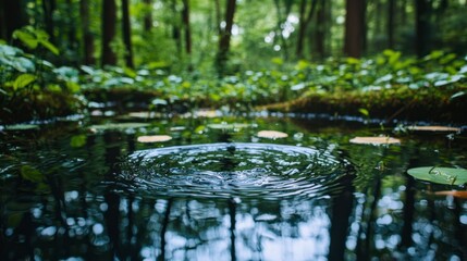 Obraz premium Natural Water Purification in a Tranquil Forest Setting with Reflections and Ripples on the Water Surface
