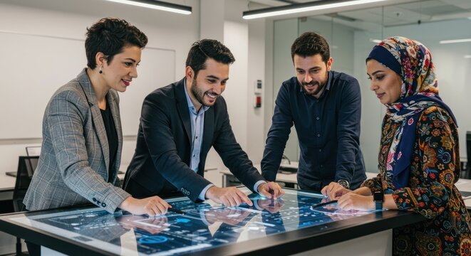 Four diverse people collaborate at a large interactive touchscreen table in an office. - Powered by Adobe