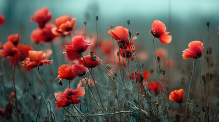 Obraz premium A field of vibrant crimson blossoms in a misty landscape.