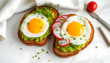 Two Slices of Toast with Avocado Topped with Fried Eggs and Radishes on Marble Background